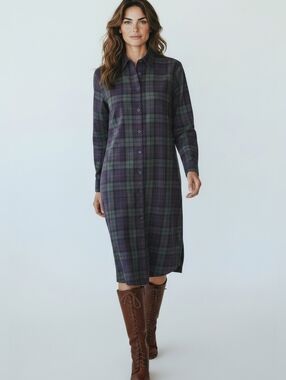 Brooks Brothers Red Fleece Navy and Green Plaid Button-Down Cotton Shirt Dress 2